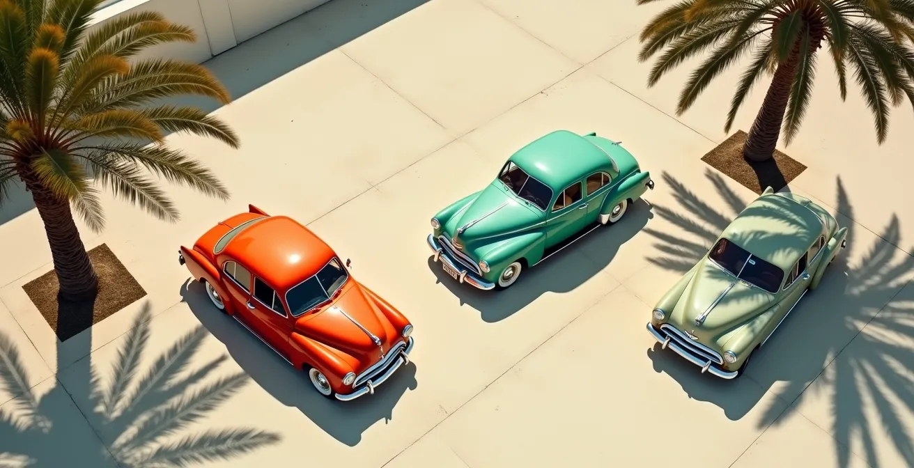 Vue aérienne de plusieurs voitures colorées sur parking méditerranéen