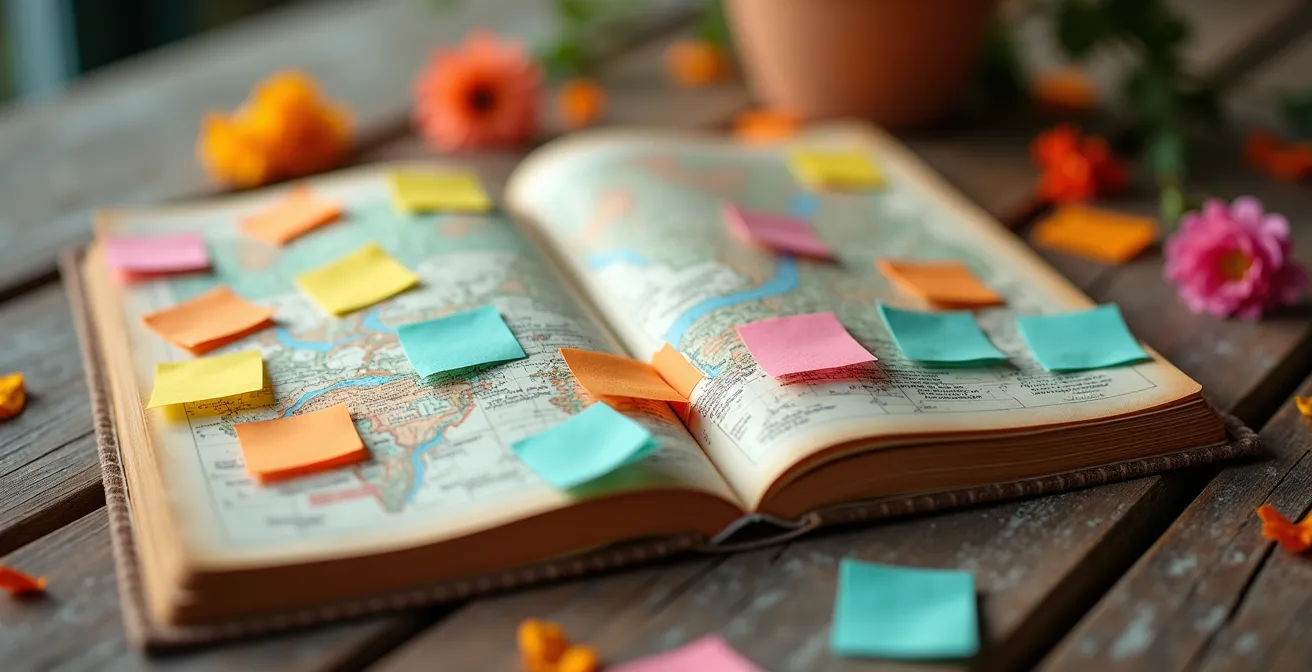 Carnet de voyage ouvert avec cartes colorées et accessoires de plage