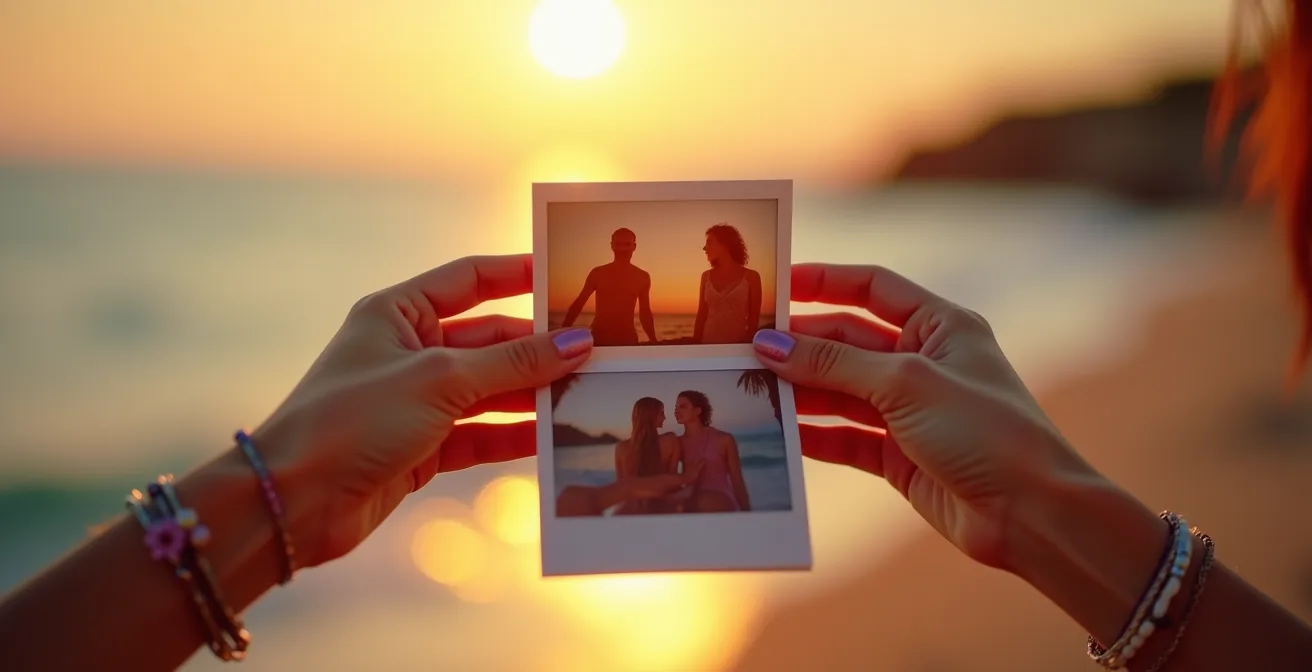 Mains féminines tenant polaroids avec fond mer Méditerranée