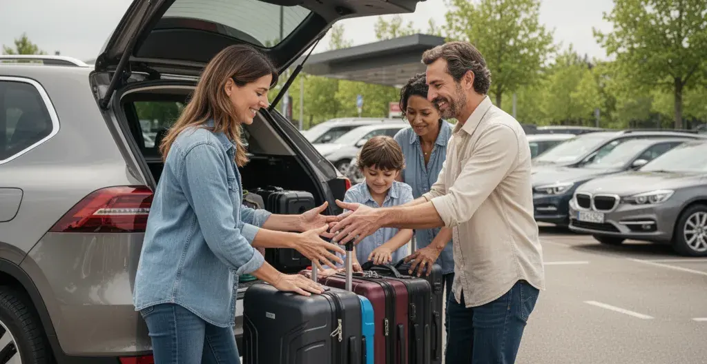 Famille chargeant bagages dans coffre SUV sur parking extérieur avant départ voyage Roissy