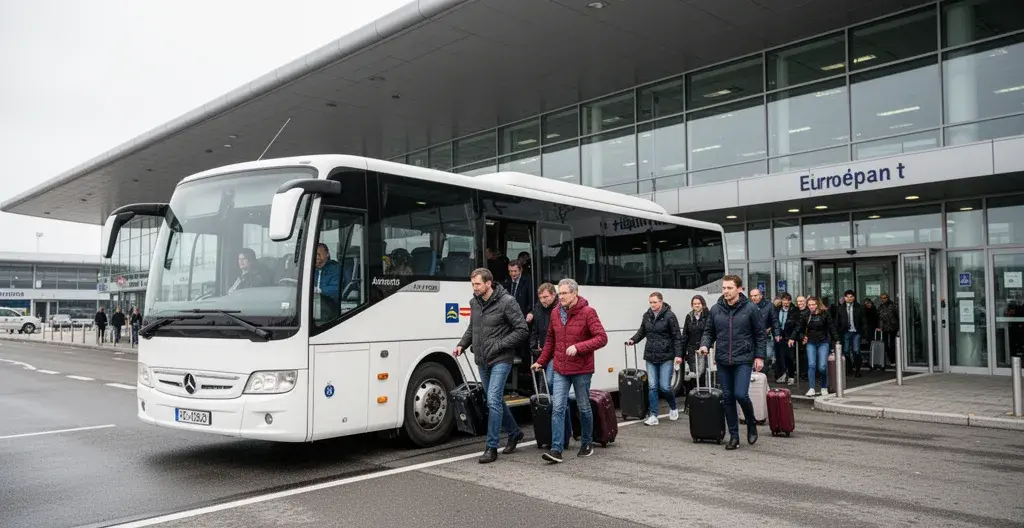 Navette minibus parking économique déposant voyageurs devant terminal CDG