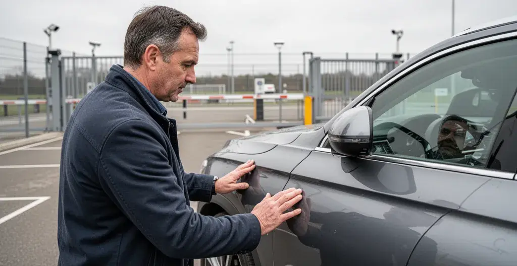 Homme vérifiant état carrosserie voiture sur parking sécurisé avec barrières